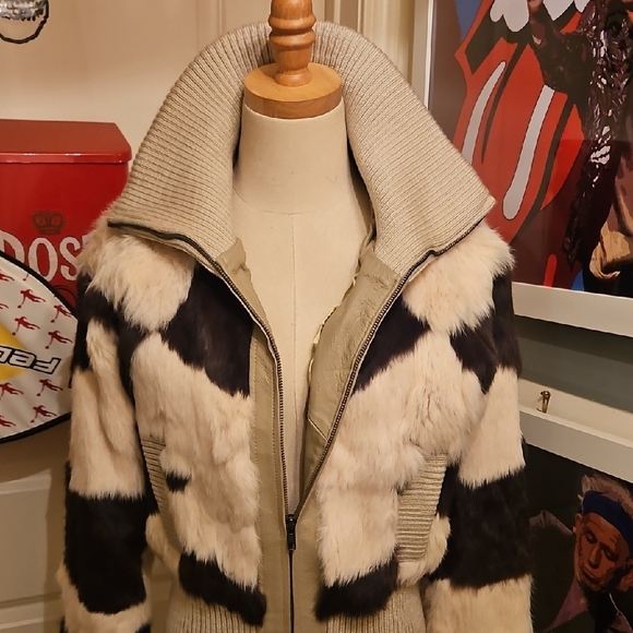 XOXO Women's Brown and Cream Patchwork Rabbit Fur And Leather Bomber Jacket - Picture 5 of 10